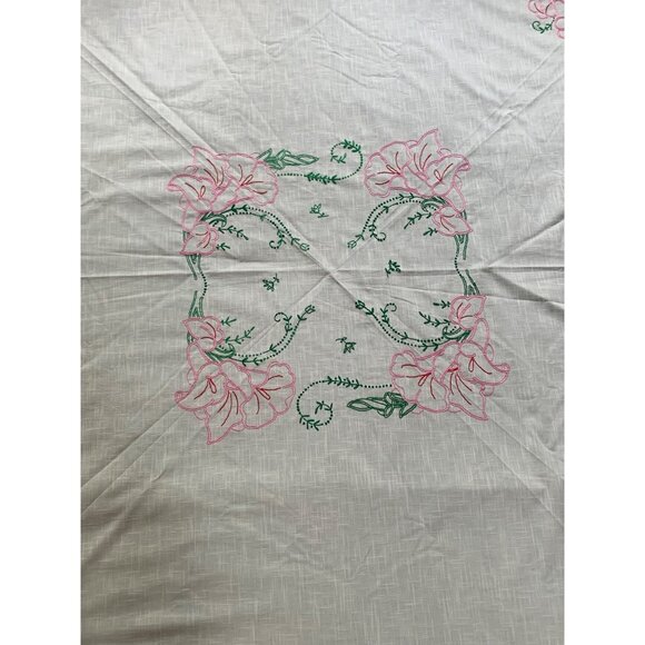 Vintage Floral Embroidered Round Tablecloth - 68" Diameter - Cotton & Linen Blen - Picture 2 of 9